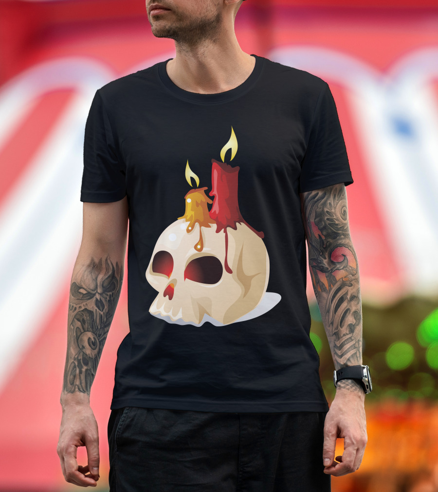 Halloween Elements Skull with Melting Candle Wax and Flames T-Shirt