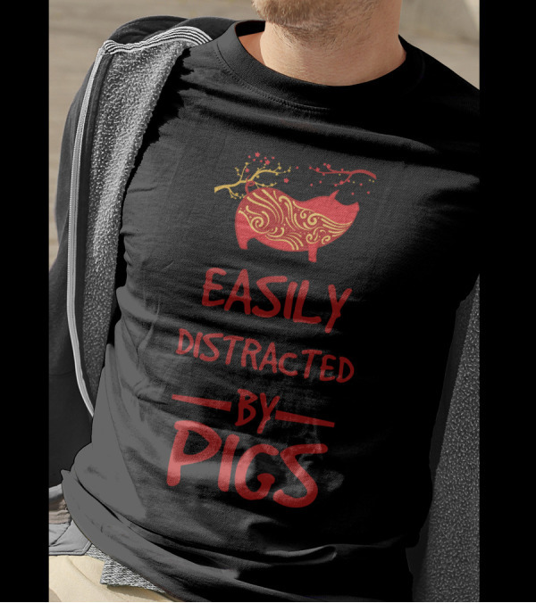 Easily Distracted By Pigs Decorative Pattern And Blossoms T-Shirt
