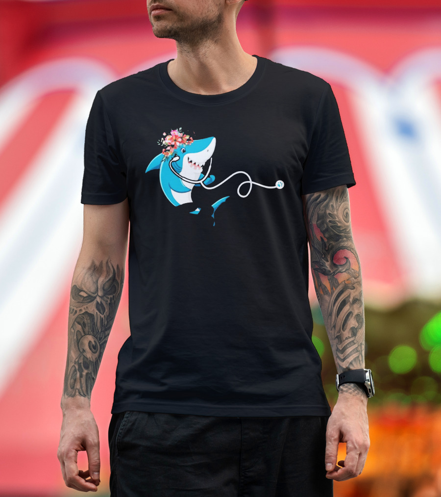 Vet Tech Shark Doo Doo Doo Doo with Floral Crown and Stethoscope T-Shirt
