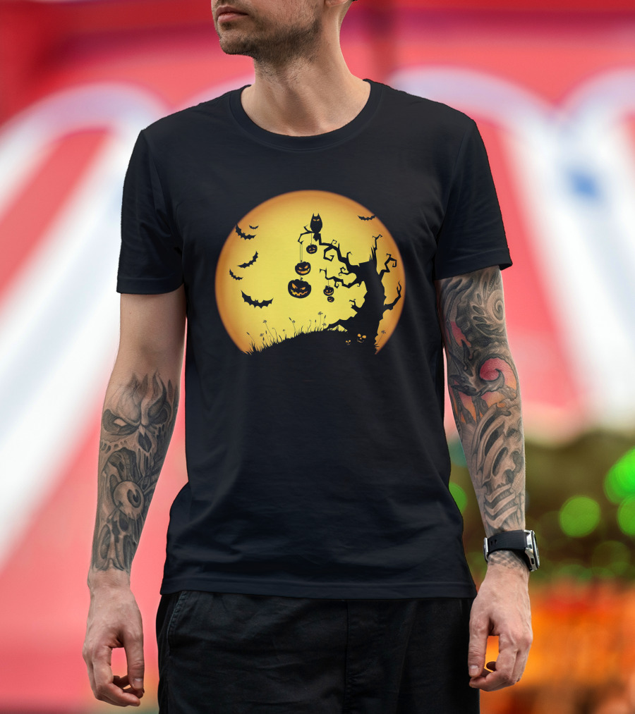 Halloween Moon Tree with Pumpkins and Bats T-Shirt