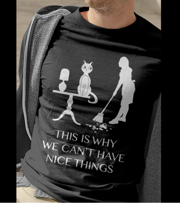 This Is Why We Can't Have Nice Things Cat On Table With Lamp And Person Sweeping T-Shirt