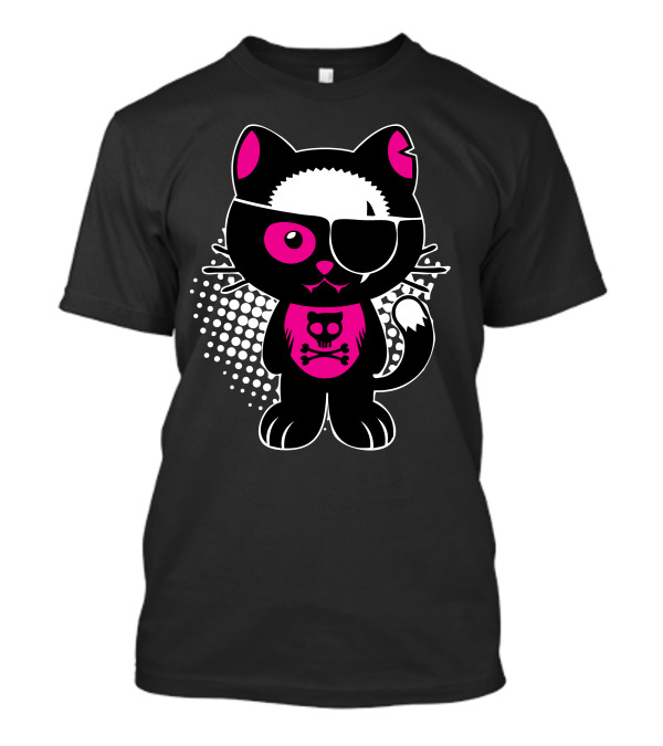 Cute Pirate Kitty With Pink Skull Patch On T-Shirt