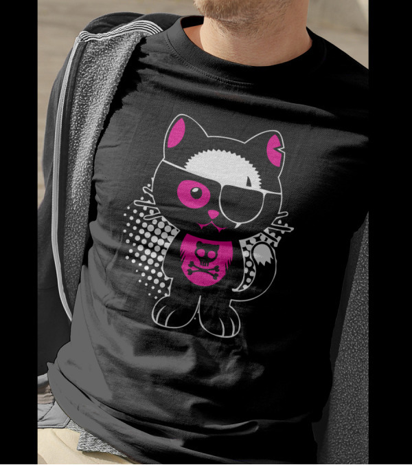 Cute Pirate Kitty With Pink Skull Patch On T-Shirt