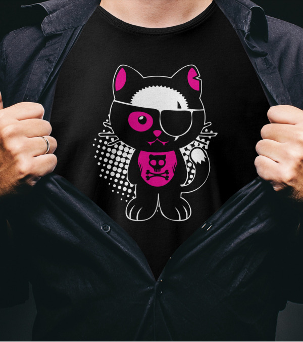 Cute Pirate Kitty With Pink Skull Patch On T-Shirt