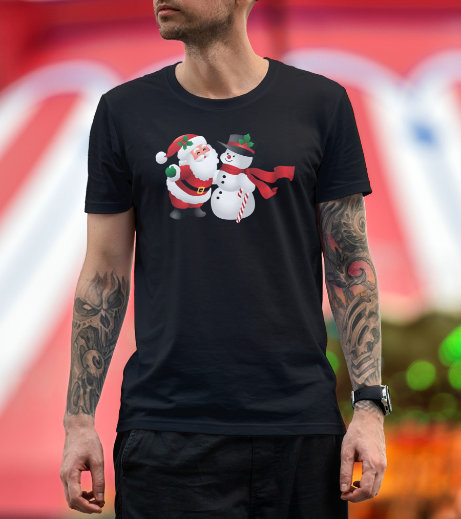 Snowman and Santa Claus Holding Candy Cane with Hat and Scarf T-Shirt