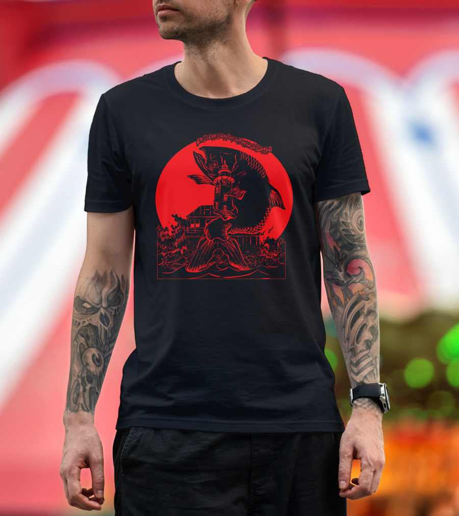 Whiskey Is The Life Of Man Red Moon Fish Lighthouse Scene T-Shirt