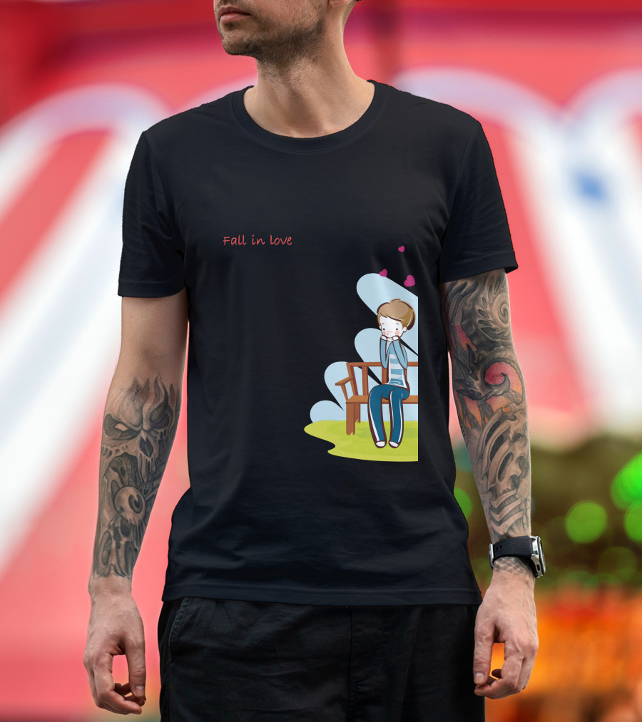 Fall in Love Cartoon Character on Bench with Hearts T-Shirt