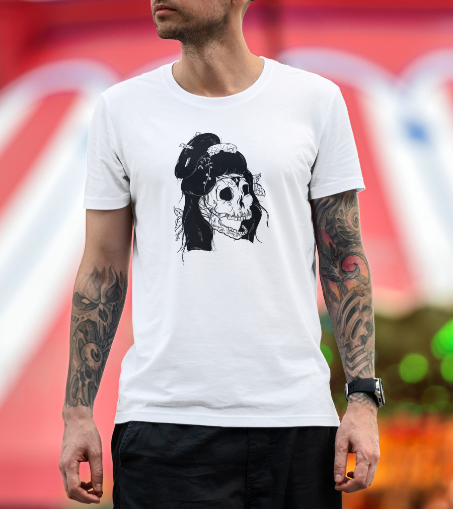 Undead Geisha Skull Art with Hair and Kimono Details T-Shirt