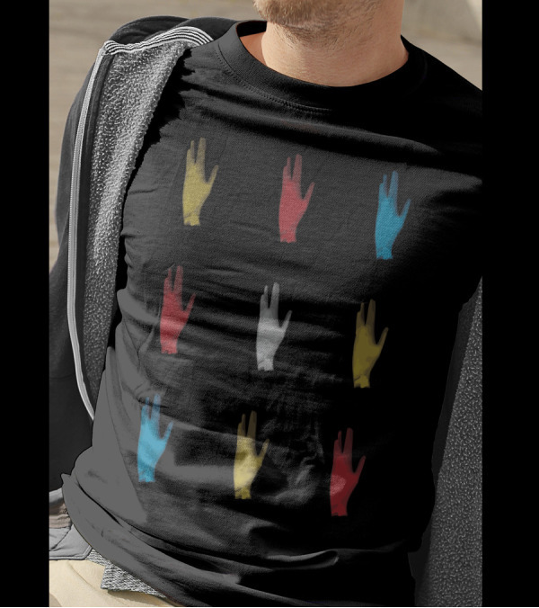 Vulcan Gesture Hands In Red, Yellow, Blue, And Gray T-Shirt