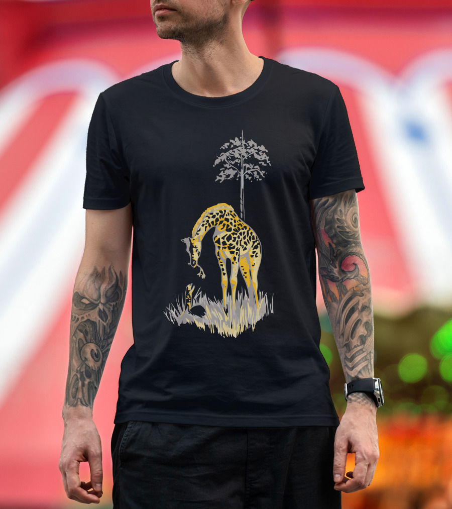 Help From Above Giraffe Interacting with Snake Under Tree T-Shirt