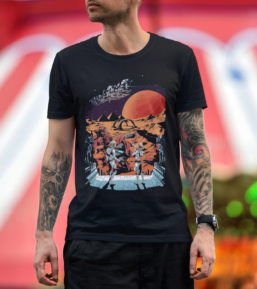 Planet Exploration with Futuristic Landscape and Spacecraft T-Shirt