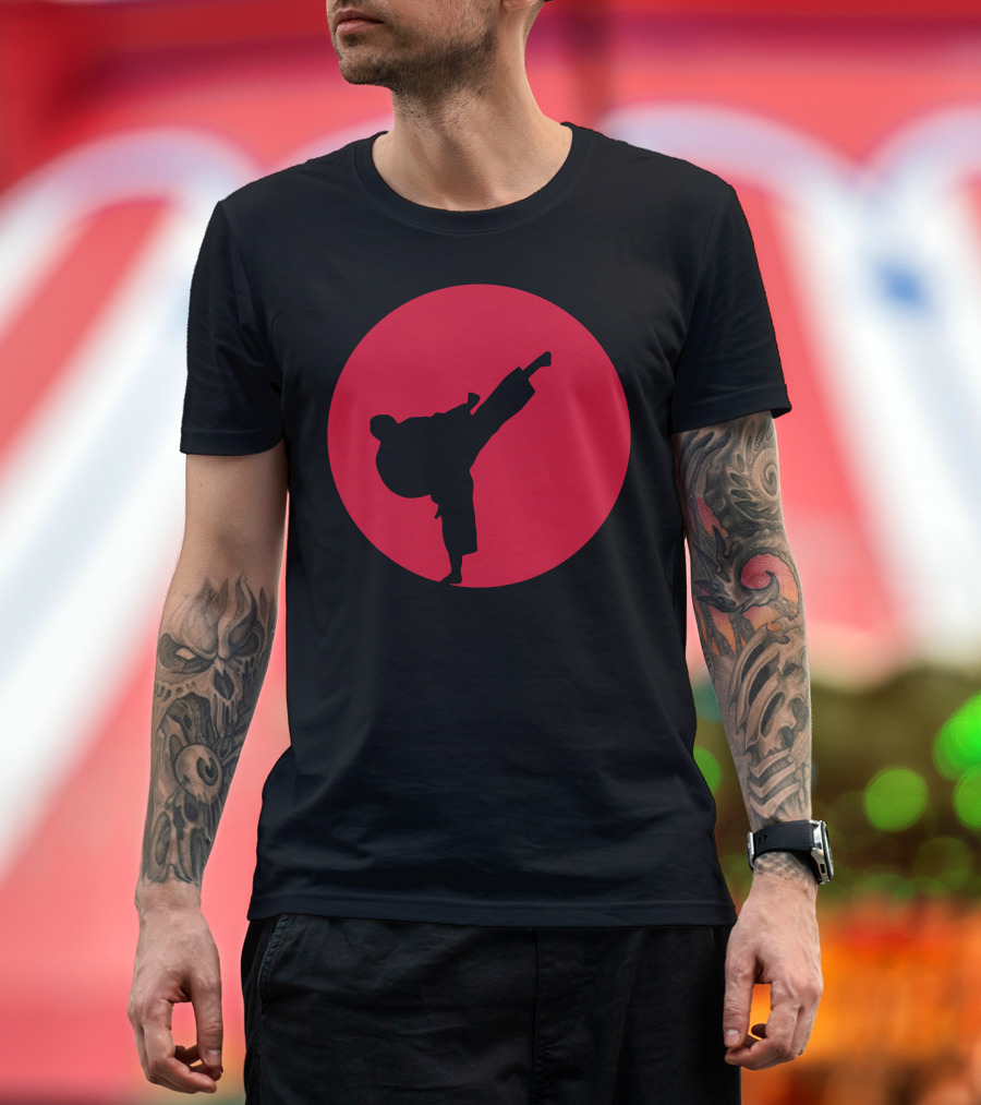 Martial Arts Kick Silhouette on Red Circle Emblem T-Shirt