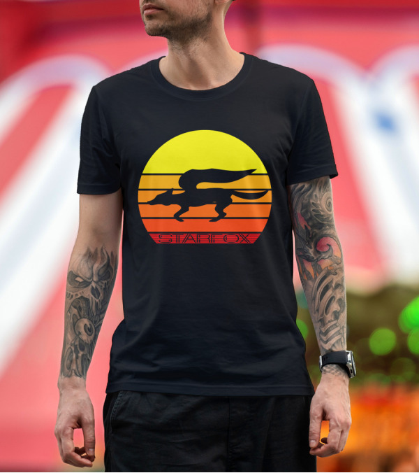 Premium T-Shirt: Retro Starfox Silhouette Sunset Stripes T-Shirt Retro Starfox Silhouette Sunset Stripes T-Shirt