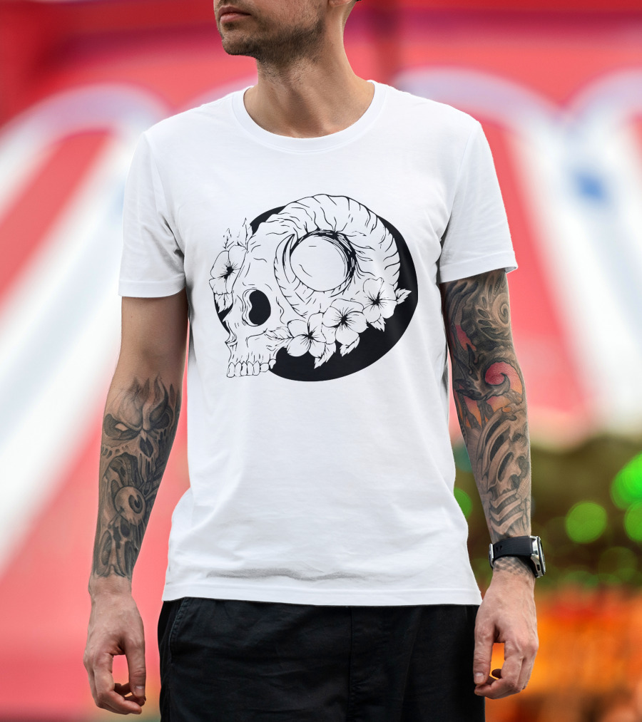 Dark Floral Skull Moon Design with Roses and Shadows T-Shirt