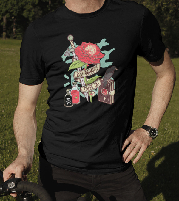 Carpe Dm Roll Initiative Sword Rose Raven Potion And Book T-Shirt