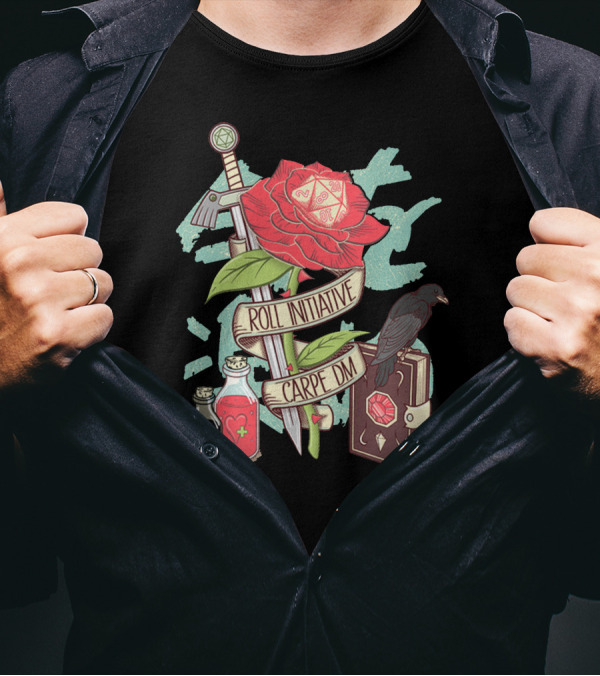Carpe Dm Roll Initiative Sword Rose Raven Potion And Book T-Shirt