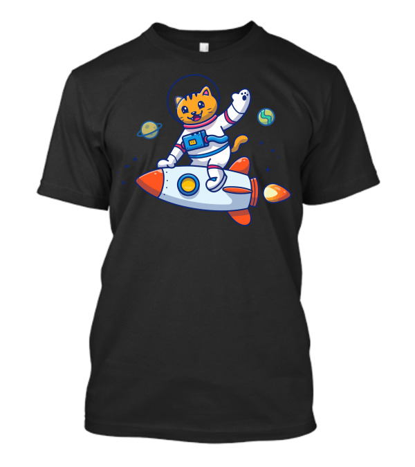 Astronaut Cat In Space Waving Riding Colorful Rocket With Planets T-Shirt