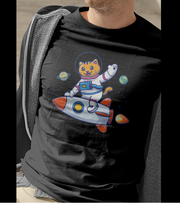 Astronaut Cat In Space Waving Riding Colorful Rocket With Planets T-Shirt