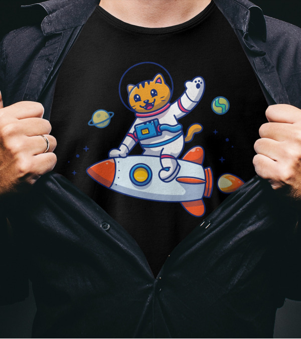 Astronaut Cat In Space Waving Riding Colorful Rocket With Planets T-Shirt