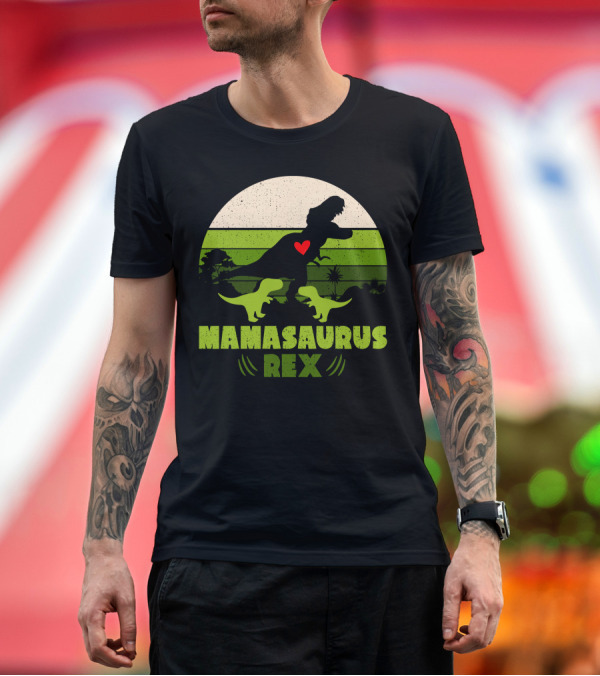 Premium T-Shirt: Mamasaurus Rex Silhouette with Heart and Baby Dinosaurs in Green Circle T-Shirt Mamasaurus Rex Silhouette with Heart and Baby Dinosaurs in Green Circle T-Shirt