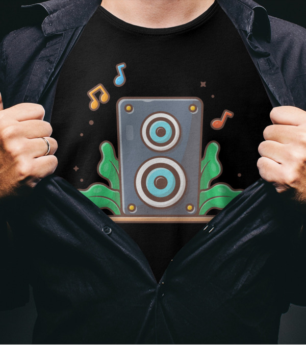 Acoustic Sound System Speaker With Musical Notes And Vibrant Green Leaves T-Shirt