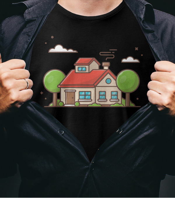 Beautiful Countryside House With Red Roof Clouds And Green Trees T-Shirt