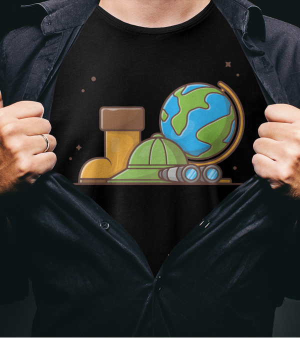 Boot, Hat, Binoculars, And Globe Adventure Elements T-Shirt