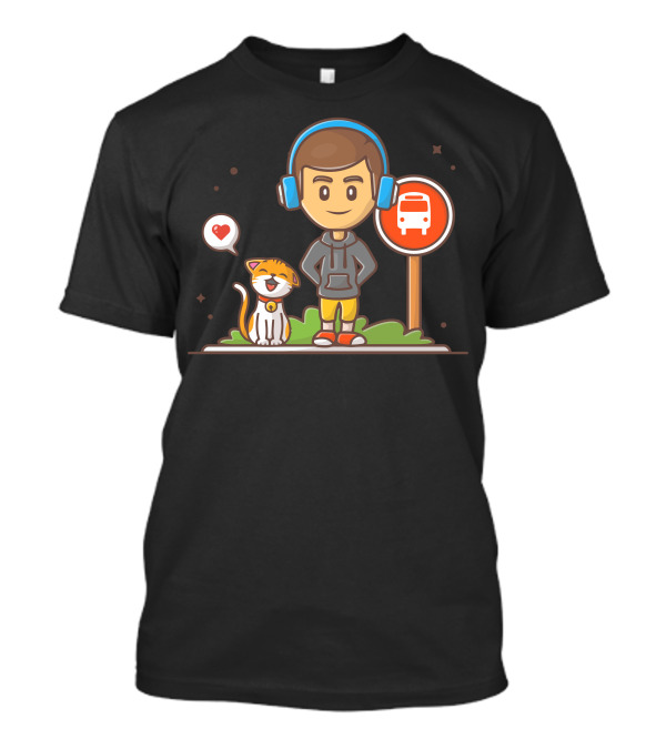 Boy Standing At Bus Stop With Heartful Cat Companion T-Shirt