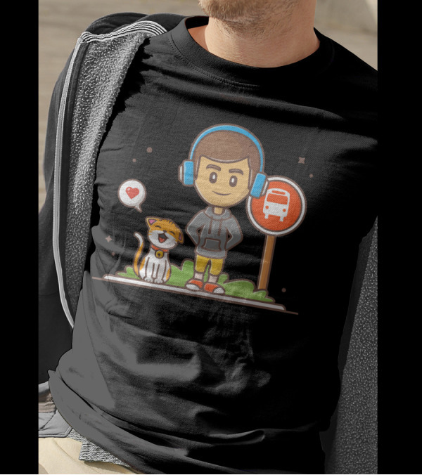 Boy Standing At Bus Stop With Heartful Cat Companion T-Shirt