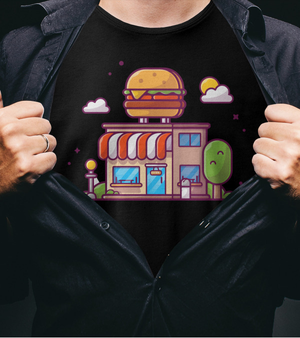 Burger Shop Fast Food Restaurant Building Featuring Burger Clouds And Tree Elements T-Shirt