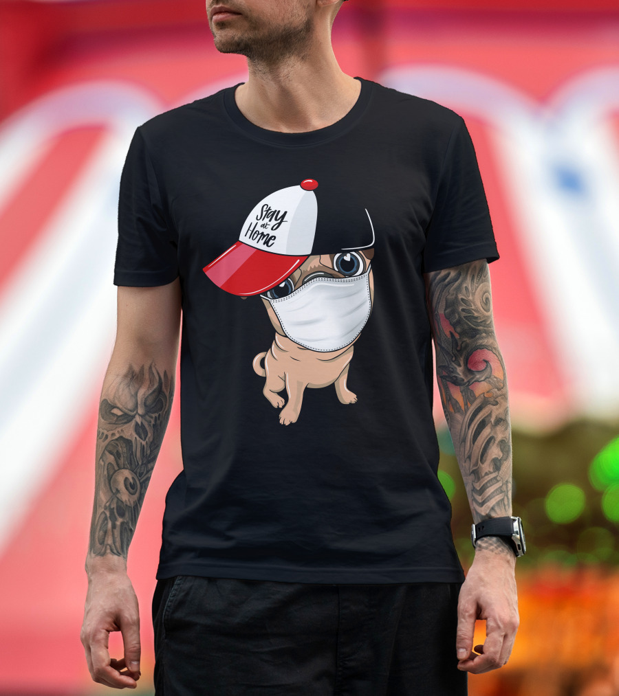 Stay at Home Masked Dog in Red and Black Cap T-Shirt