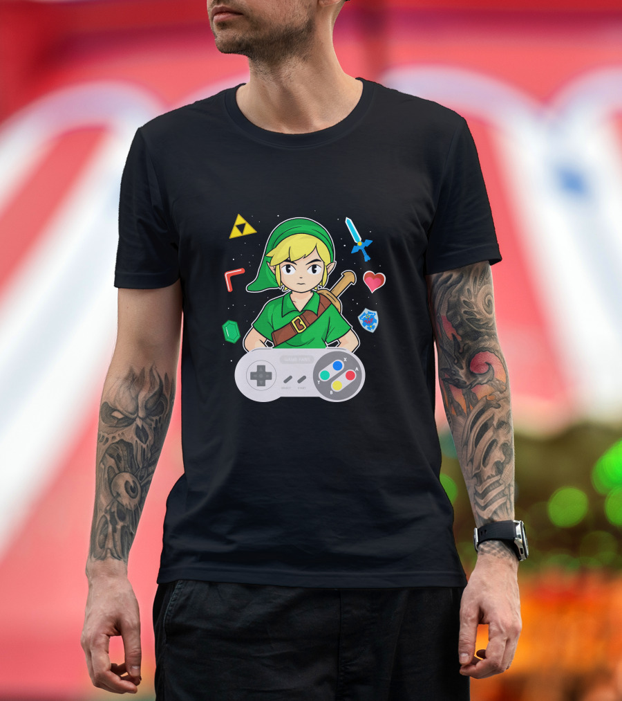 Link Console Adventure with Triforce Sword Heart Shield and Retro Controller T-Shirt
