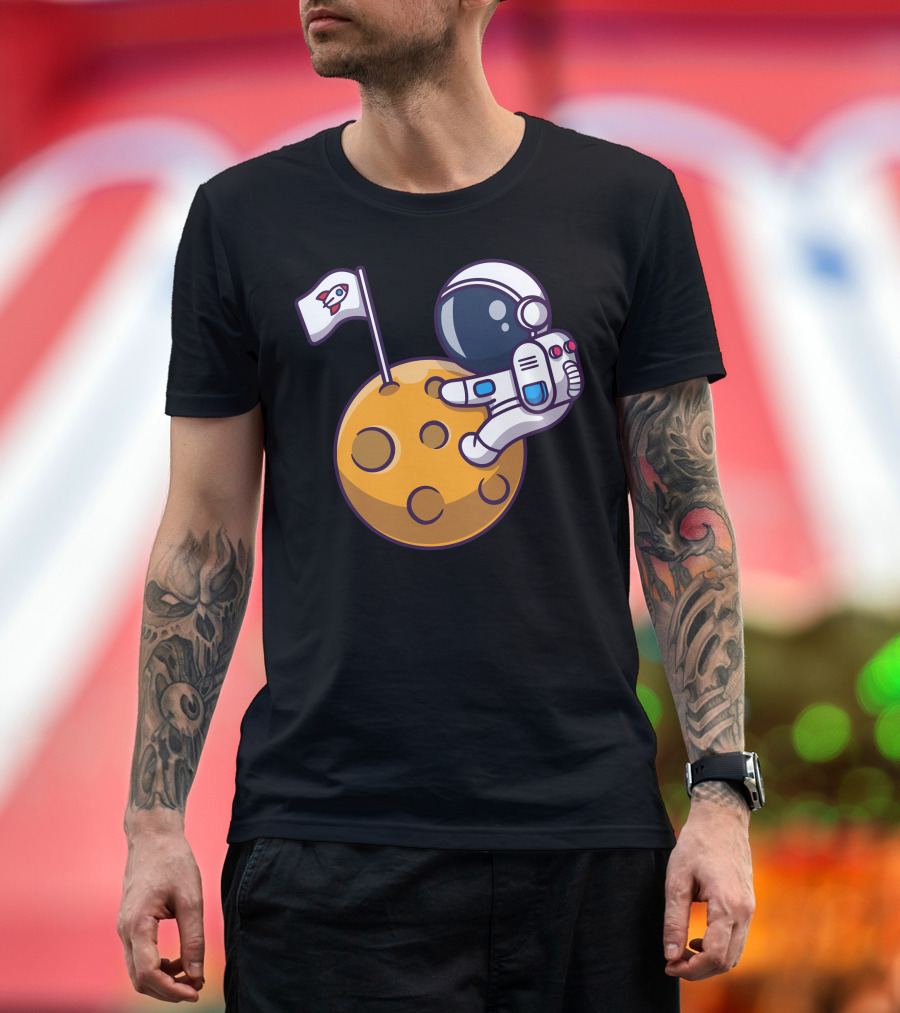 Cute Astronaut with Rocket Flag on Moon T-Shirt