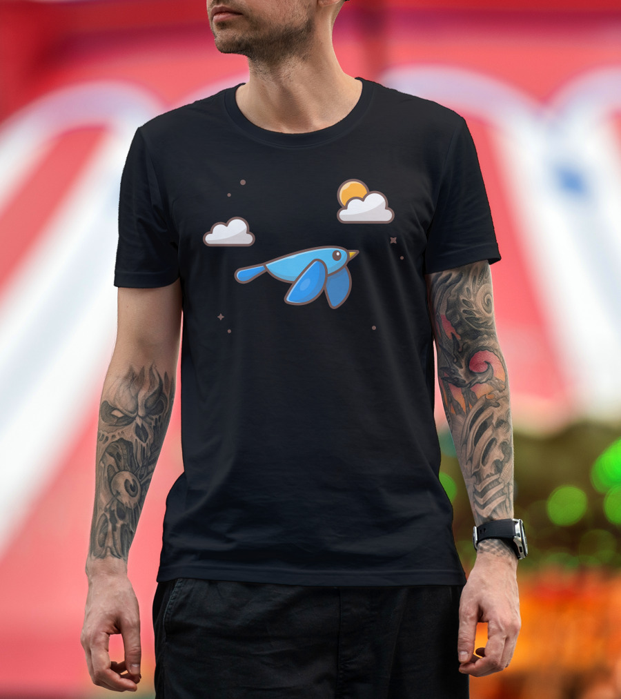 Cute Blue Bird Soaring Amidst Fluffy Clouds and Bright Sun T-Shirt