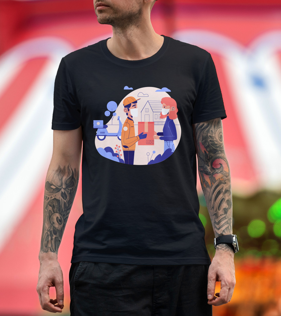 Delivery Service with Masks in Contactless Exchange Scene T-Shirt