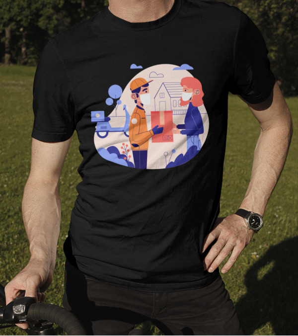 Delivery Service With Masks In Contactless Exchange Scene T-Shirt