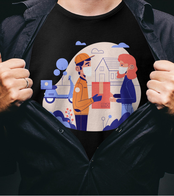 Delivery Service With Masks In Contactless Exchange Scene T-Shirt