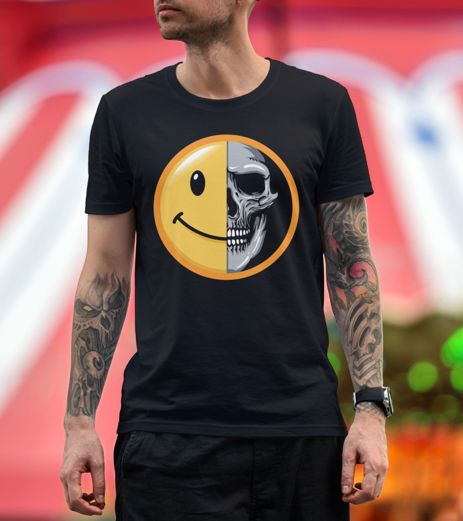 Emoticon Smile Half Skull Face T-Shirt