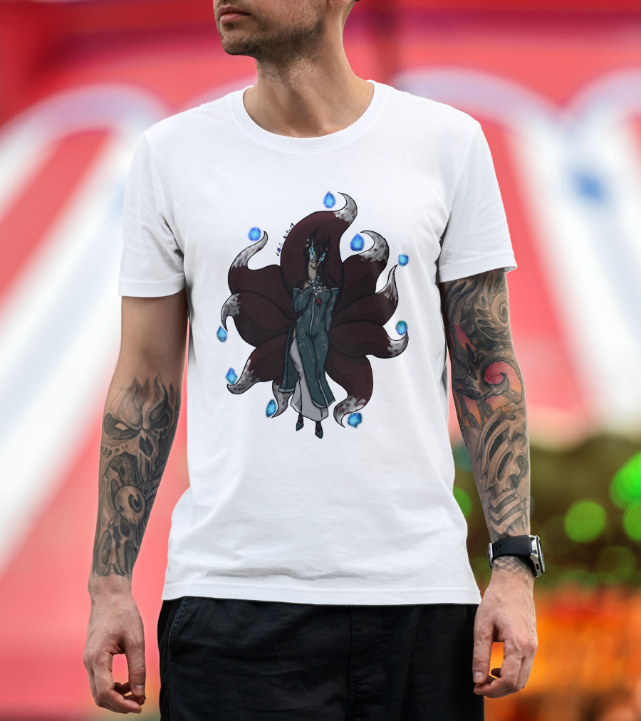 Kitsune Ren Spirit Nine Tails Flame Blue Orbs T-Shirt