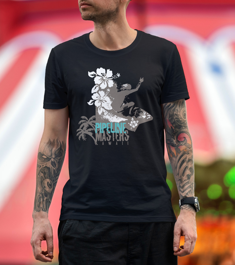 Pipeline Masters Hawaii Surfing with Hibiscus and Palm Trees T-Shirt