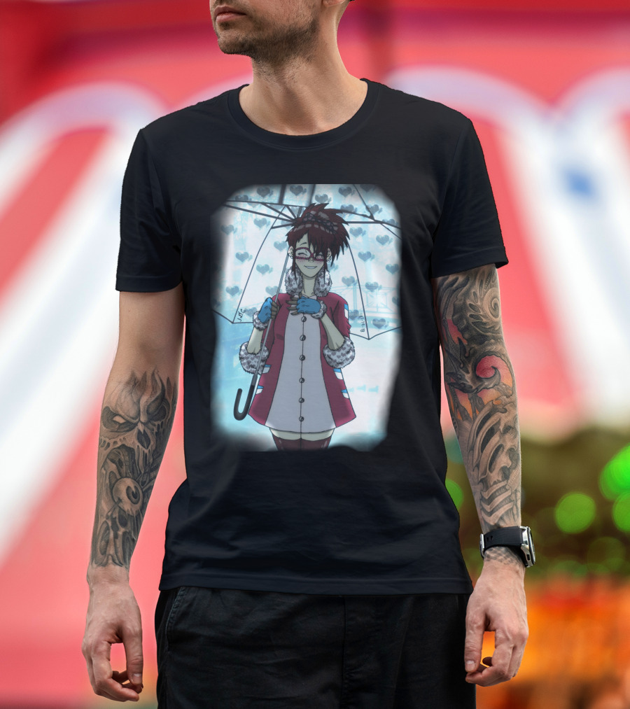 Misty Blue Hearts Raincoat Girl with Umbrella T-Shirt