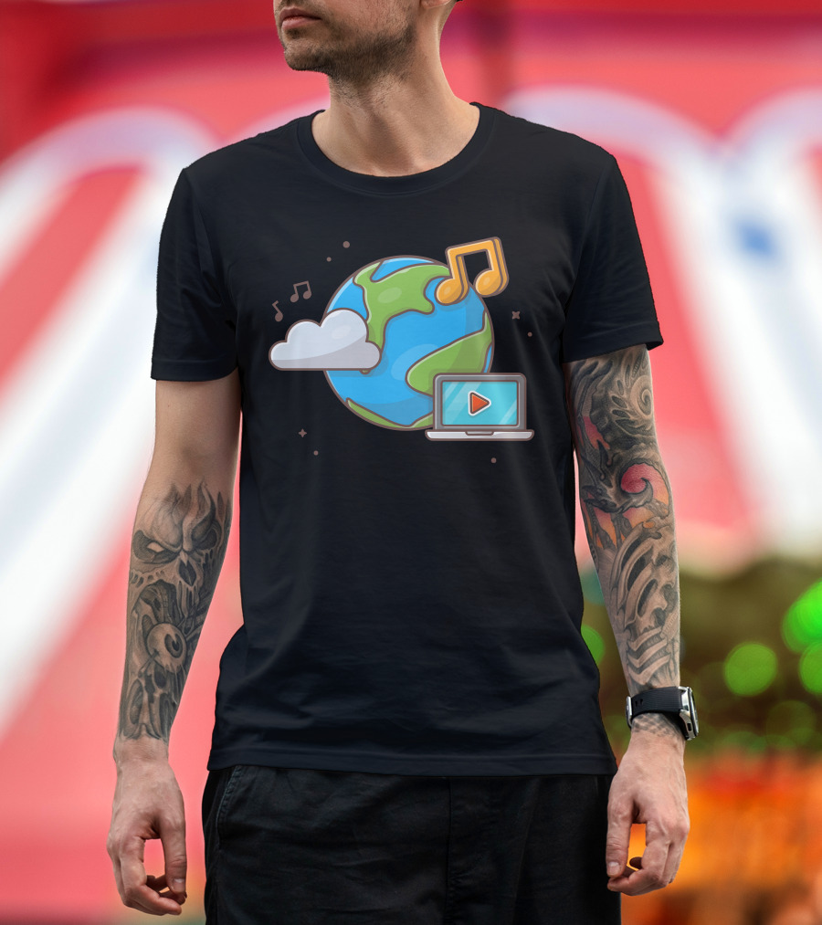Globe Cloud Music Streaming with Note and Laptop T-Shirt