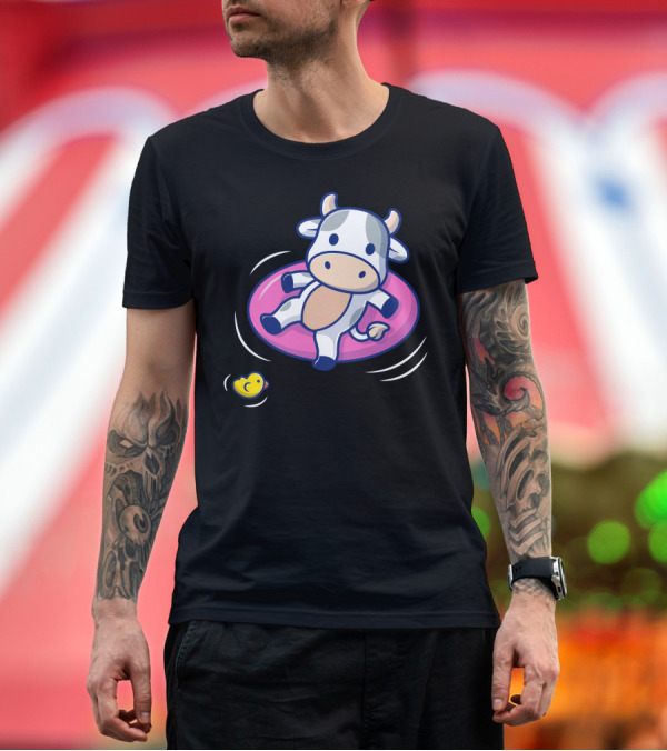 Premium T-Shirt: Cow on Pink Float with Rubber Duck Swimming Beach Fun T-Shirt Cow on Pink Float with Rubber Duck Swimming Beach Fun T-Shirt