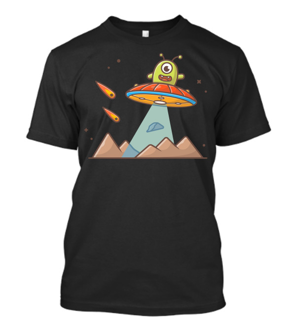 Cute Alien In UFO Hovering Over Mountains With Meteorites T-Shirt