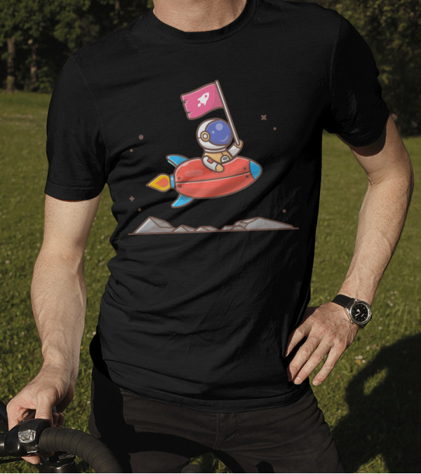 Cute Astronaut Holding Flag On Rocket In Space Scene T-Shirt