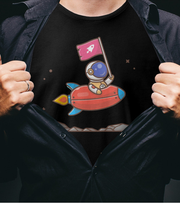 Cute Astronaut Holding Flag On Rocket In Space Scene T-Shirt