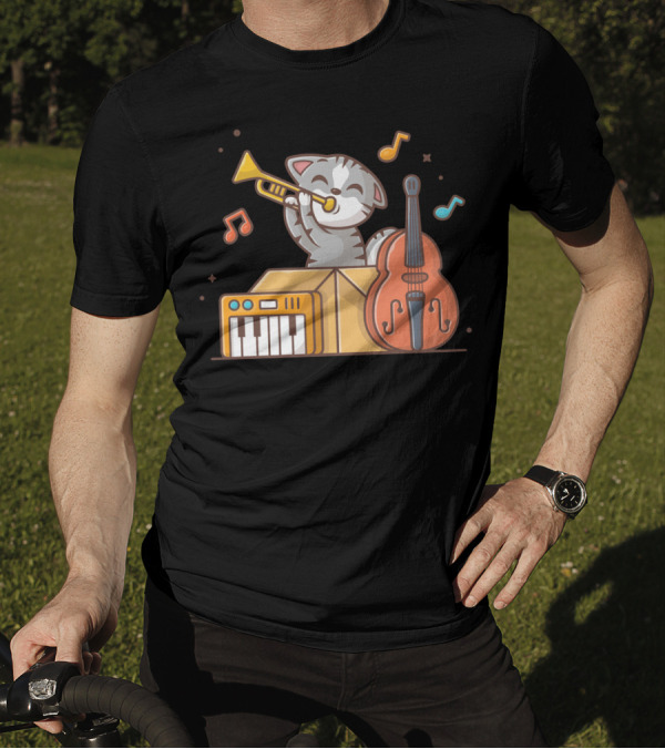 Cute Cat Playing Jazz With Trumpet Piano And Double Bass In Box T-Shirt