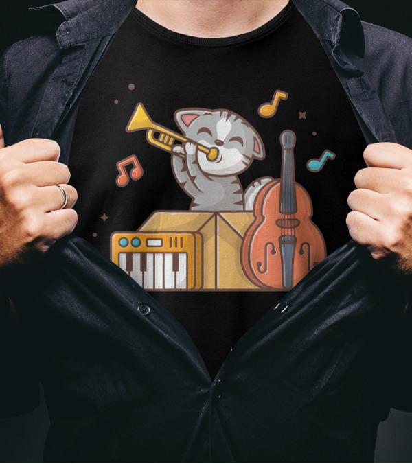 Cute Cat Playing Jazz With Trumpet Piano And Double Bass In Box T-Shirt
