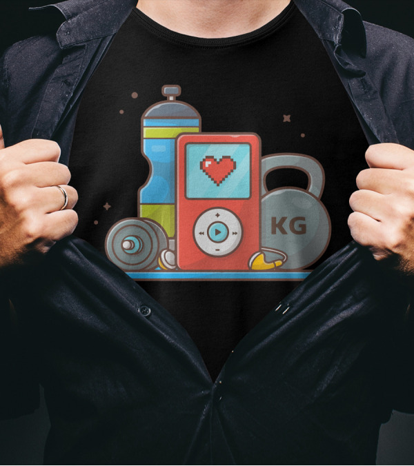 Digital Audio Player Heart Icon With Barbell Kettlebell KG And Water Bottle T-Shirt