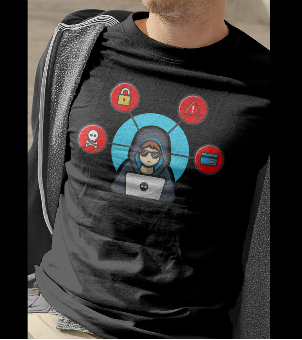 Hacker Beware Laptop Hoodie Skull Lock Warning Credit Card Cyber Threats T-Shirt